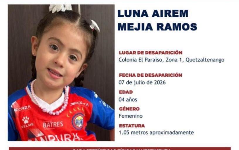 Activan alerta Alba-Keneth en Xela por niña de 4 años
